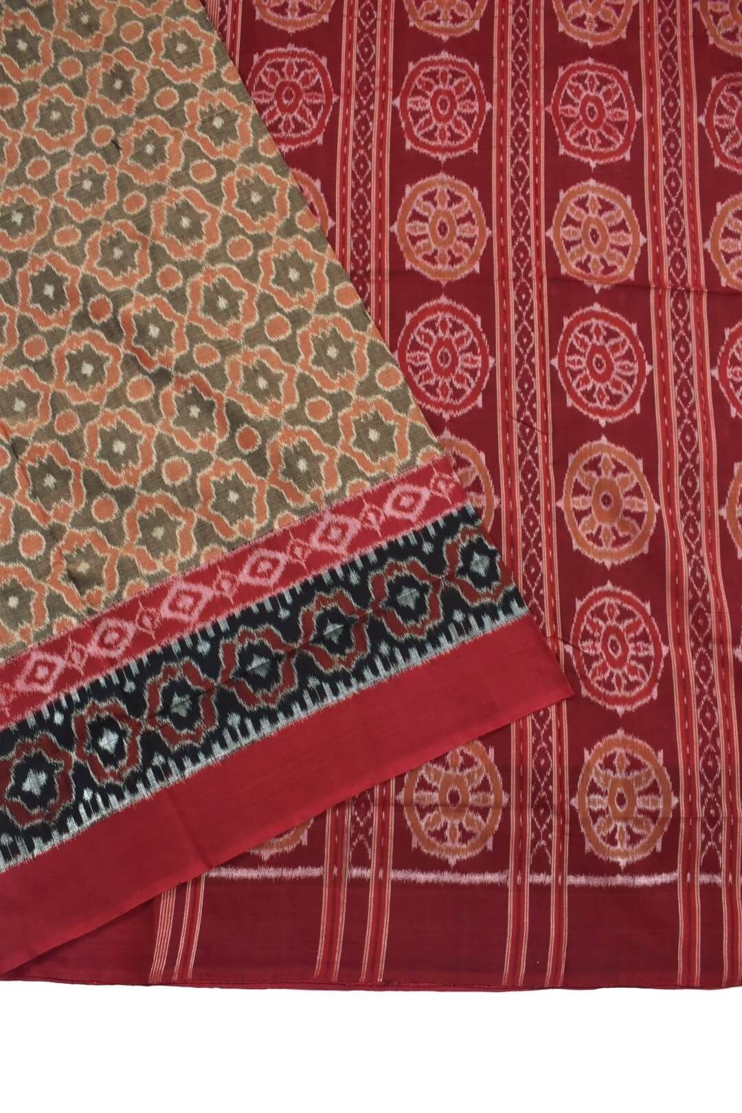 Biscuit Colour Plane Border Sambalpuri Handloom Cotton Saree - Image 3