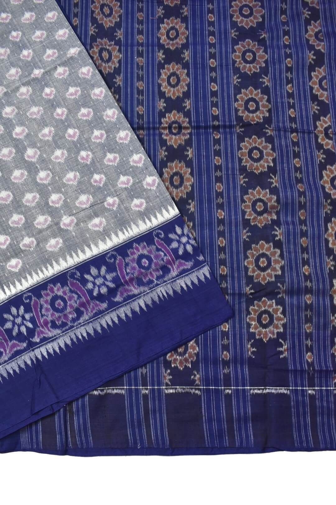 Gray Colour Plane Border Sambalpuri Handloom Cotton Saree - Image 3