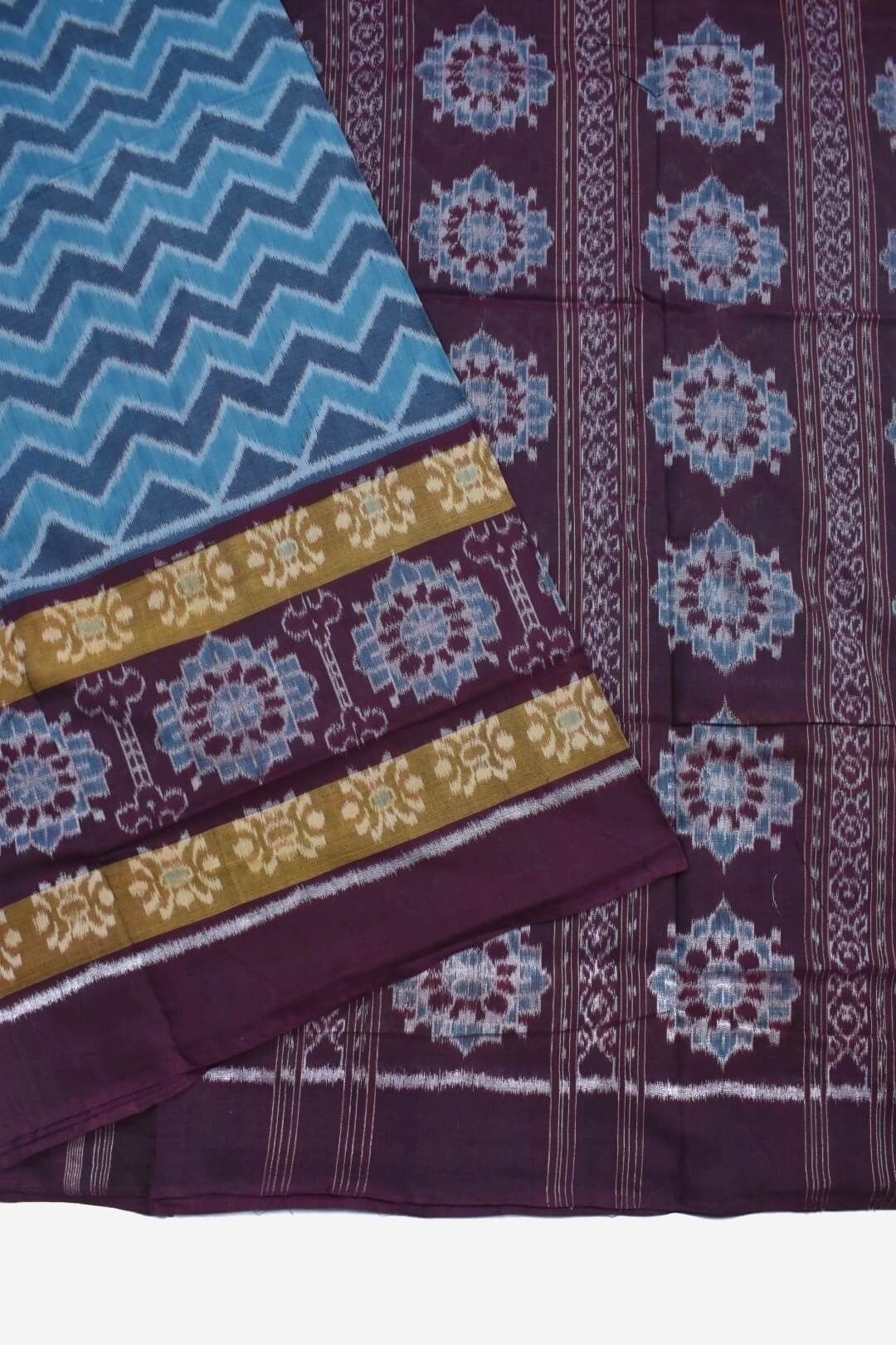 Blue Colour Plane Border Sambalpuri Handloom Cotton Saree - Image 3