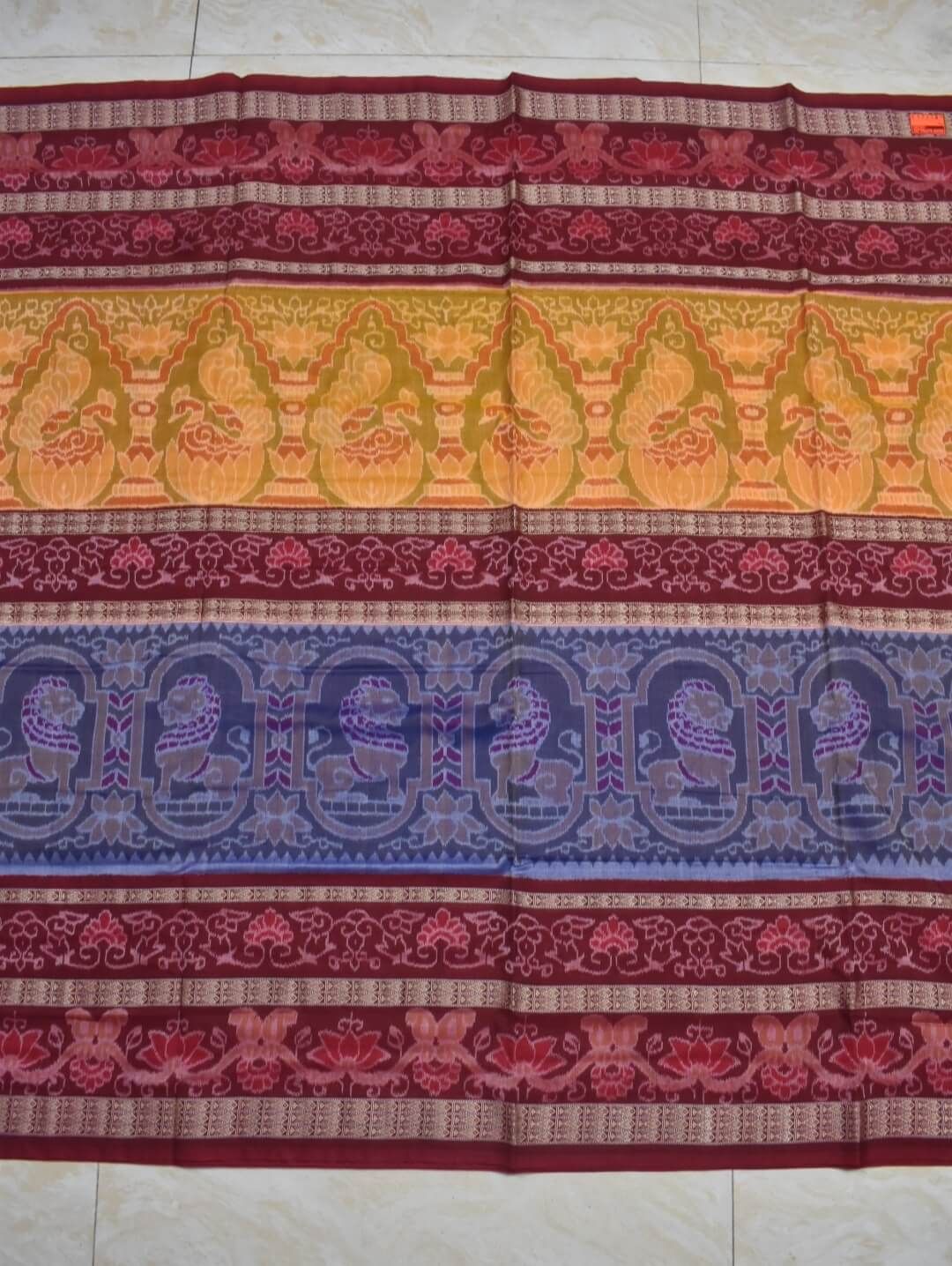 Yellow-Red Colour Sambalpuri Handloom Cotton Saree