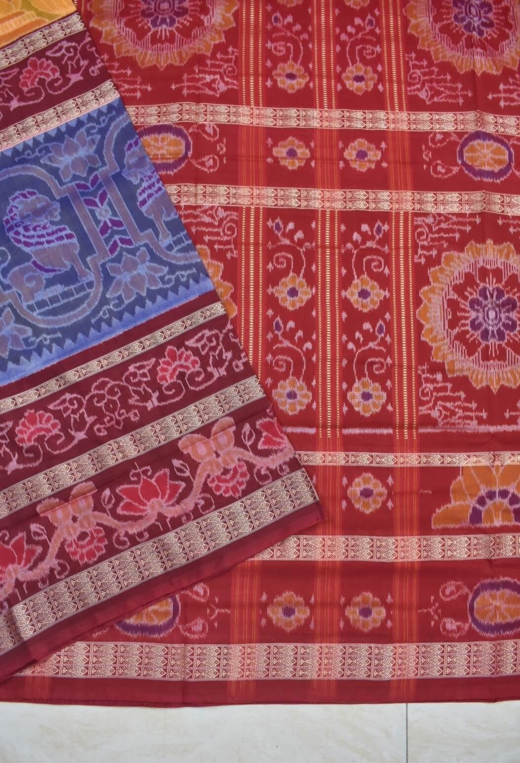 Yellow-Red Colour Sambalpuri Handloom Cotton Saree - Image 3