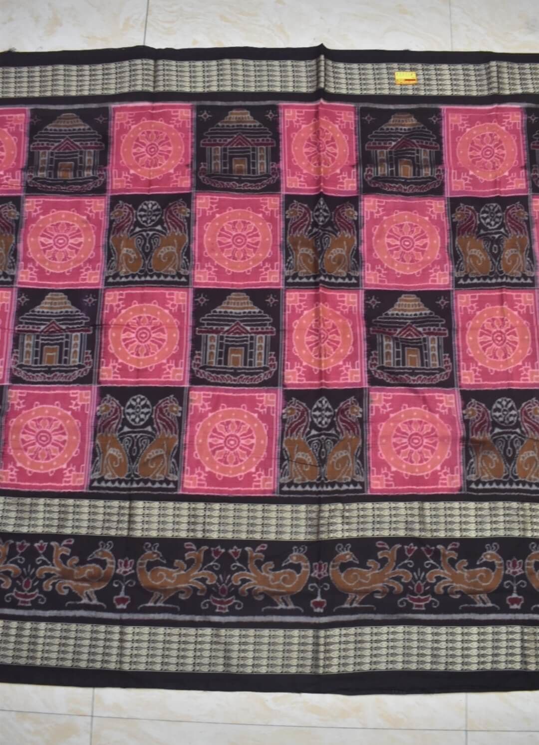 Pink-Black Colour Sambalpuri Handloom Cotton Saree