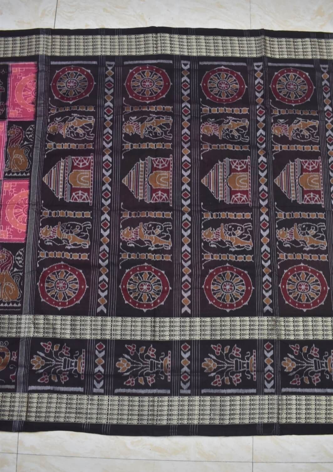 Pink-Black Colour Sambalpuri Handloom Cotton Saree - Image 2