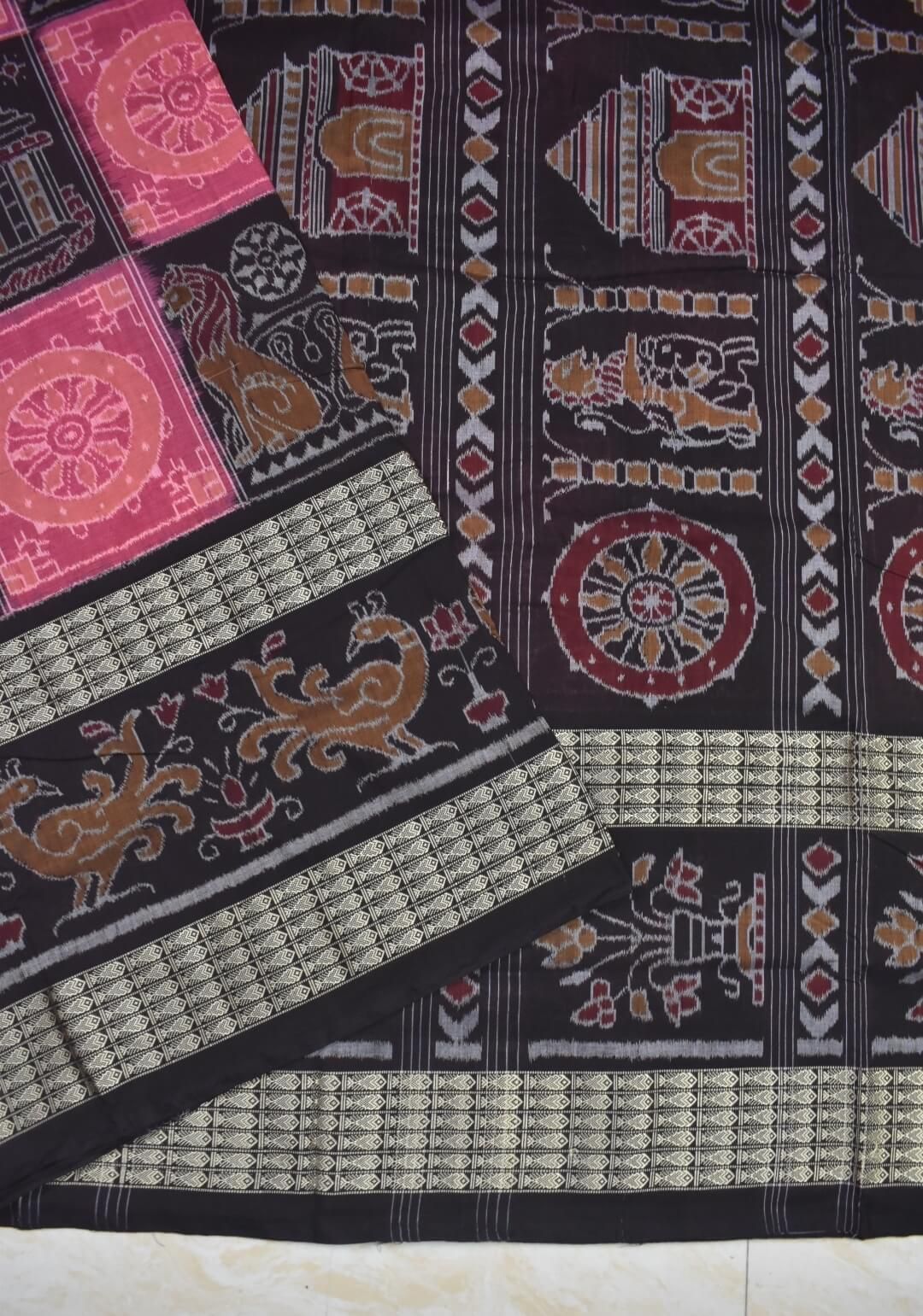 Pink-Black Colour Sambalpuri Handloom Cotton Saree - Image 3