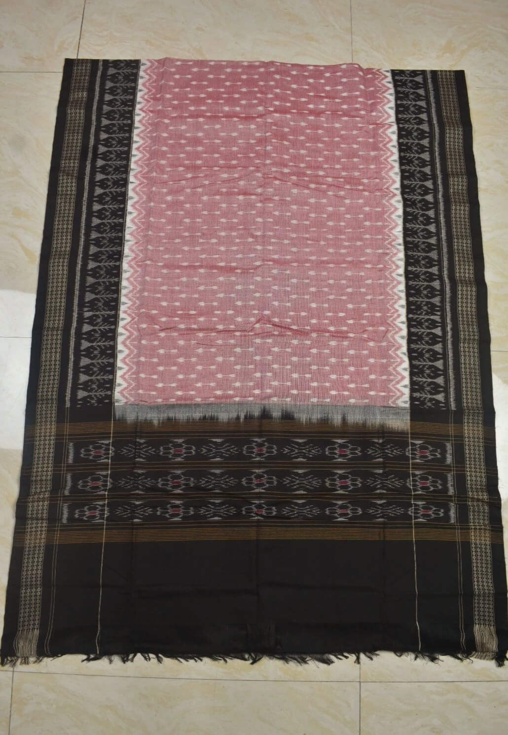 Biscuit-Black Combination Sambalpuri Handloom Cotton Dupatta