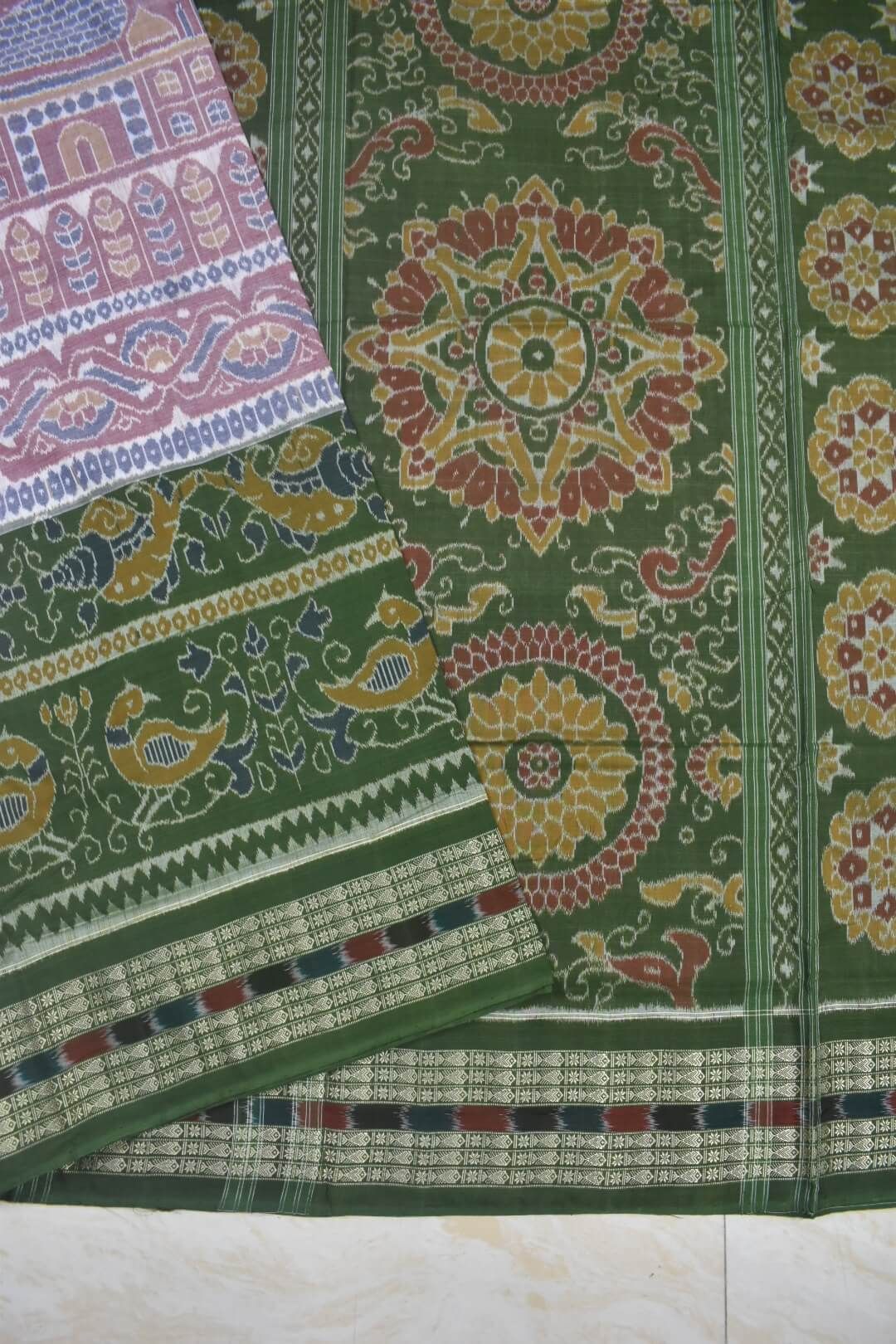 Gray-Green Colour Sambalpuri Handloom Cotton Saree - Image 3