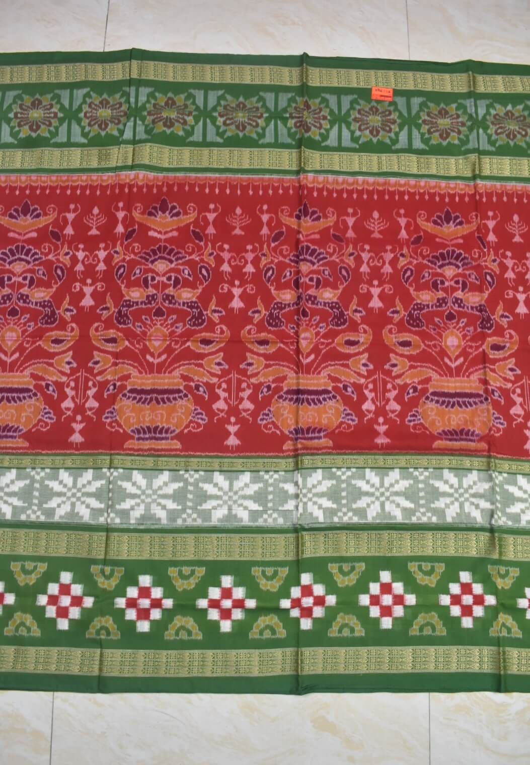 Red-Green Colour Sambalpuri Handloom Cotton Saree