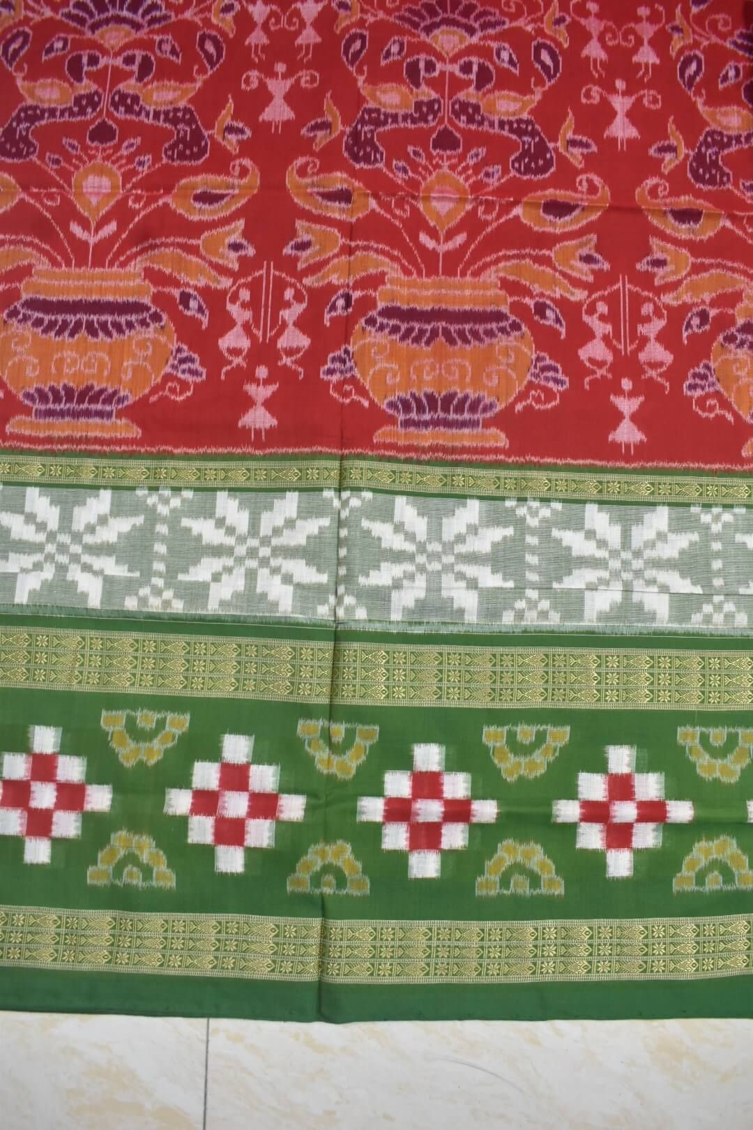 Red-Green Colour Sambalpuri Handloom Cotton Saree - Image 4