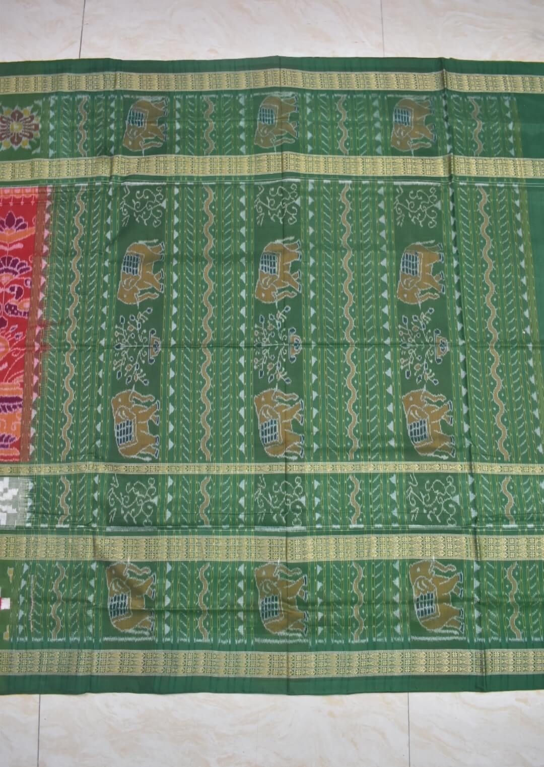 Red-Green Colour Sambalpuri Handloom Cotton Saree - Image 2