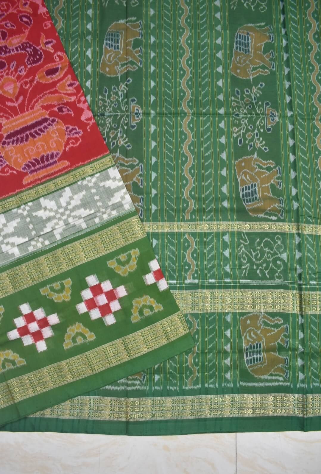 Red-Green Colour Sambalpuri Handloom Cotton Saree - Image 3