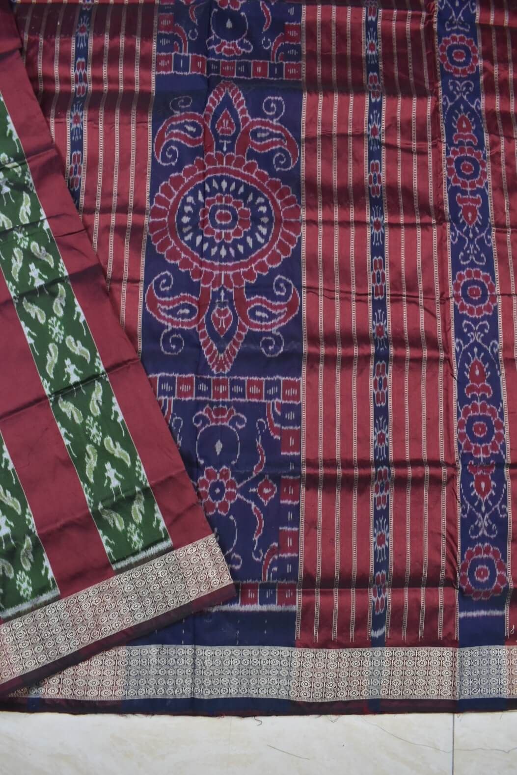 Blue-Green Colour Patli Design Sambalpuri Handloom Silk Saree - Image 4