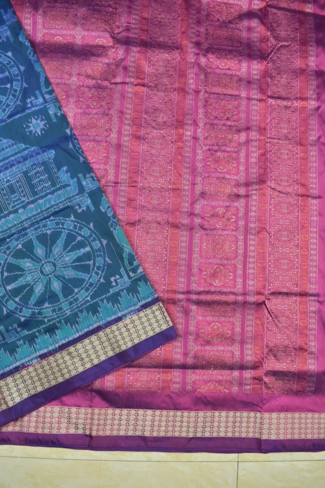Pink-Sky Blue Colour Patli Design Sambalpuri Handloom Silk Saree - Image 4