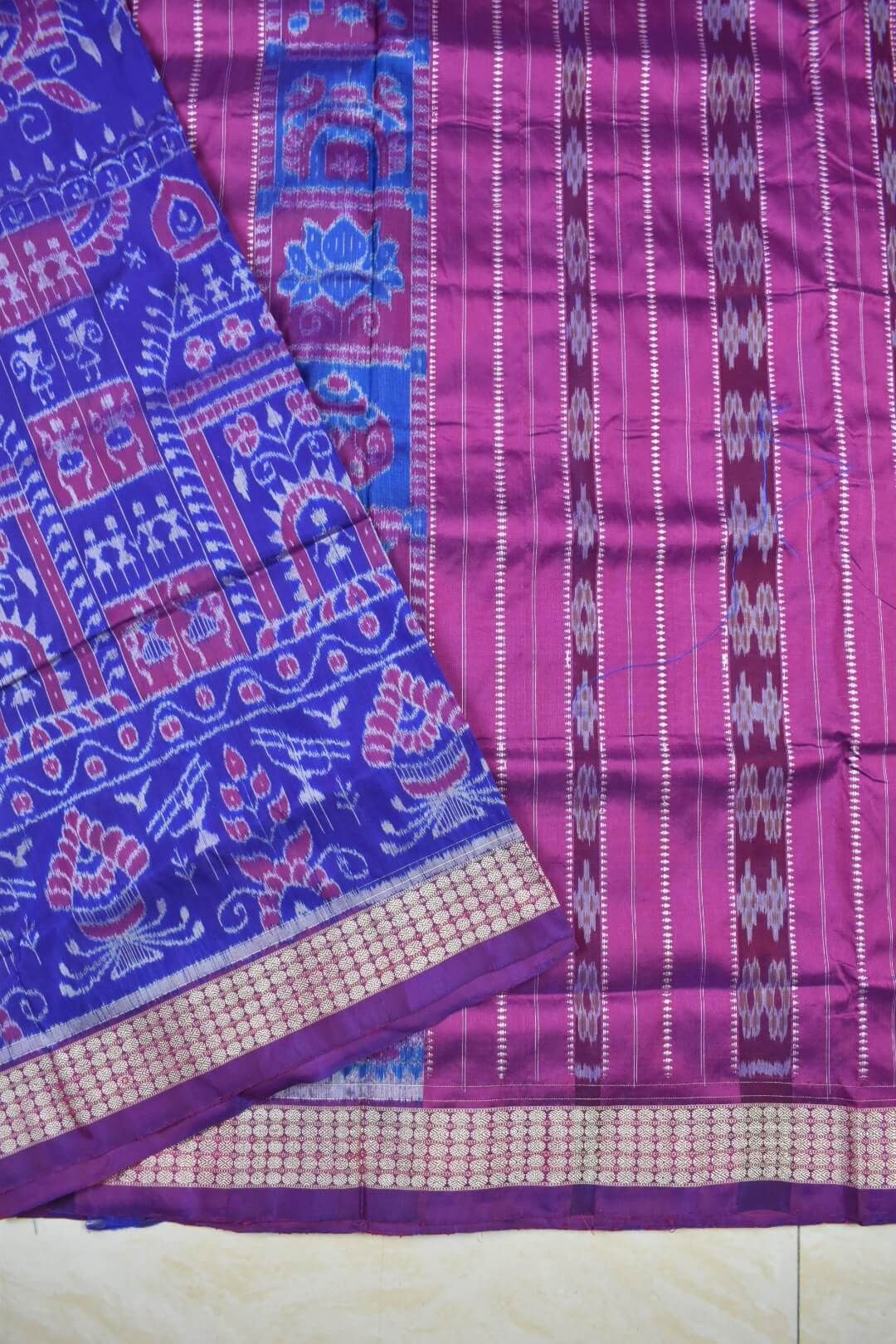 Pink-Blue Colour Patli Design Sambalpuri Handloom Silk Saree - Image 4