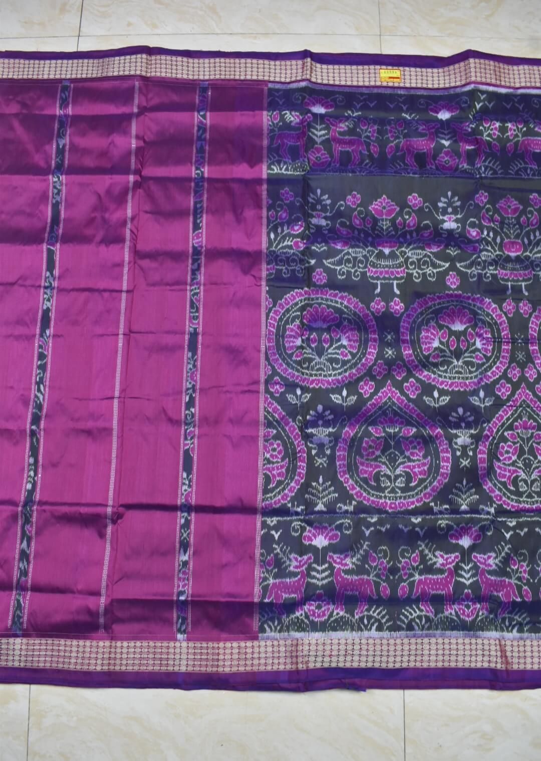 Pink-Green Colour Patli Design Sambalpuri Handloom Silk Saree