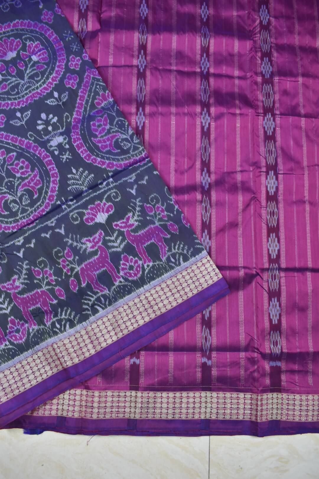 Pink-Green Colour Patli Design Sambalpuri Handloom Silk Saree - Image 4