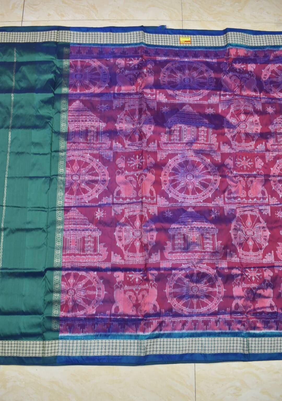 Green-Red Colour Patli Design Sambalpuri Handloom Silk Saree