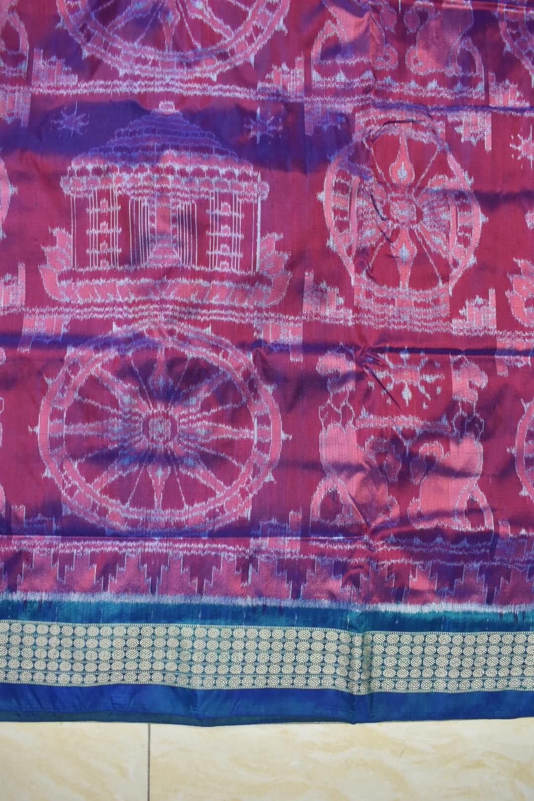 Green-Red Colour Patli Design Sambalpuri Handloom Silk Saree - Image 5