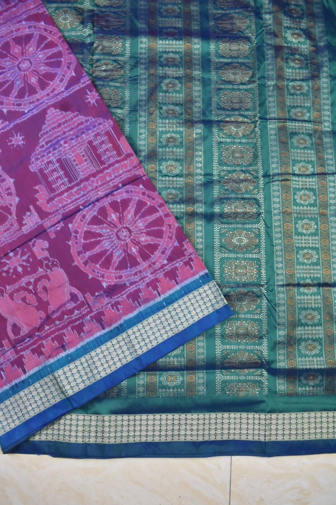 Green-Red Colour Patli Design Sambalpuri Handloom Silk Saree - Image 4