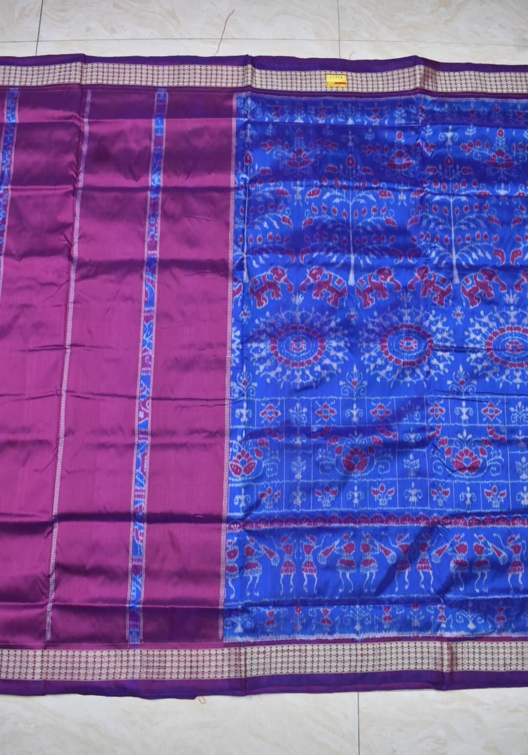 Pink-Blue Colour Patli Design Sambalpuri Handloom Silk Saree