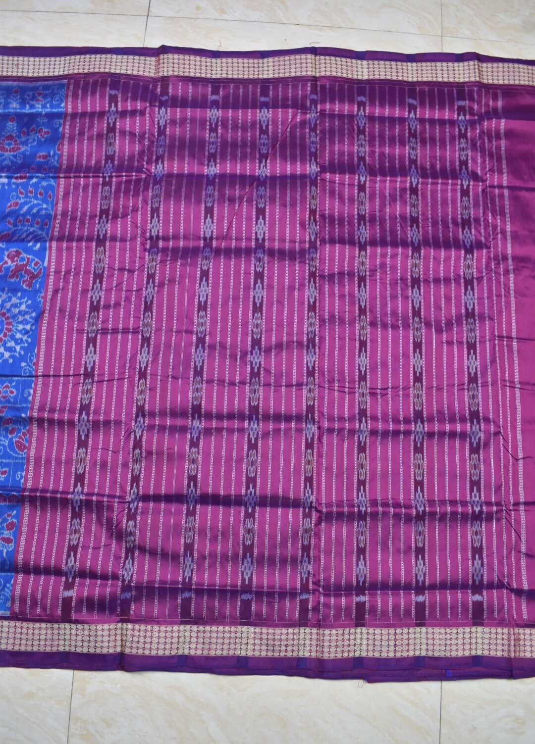 Pink-Blue Colour Patli Design Sambalpuri Handloom Silk Saree - Image 3