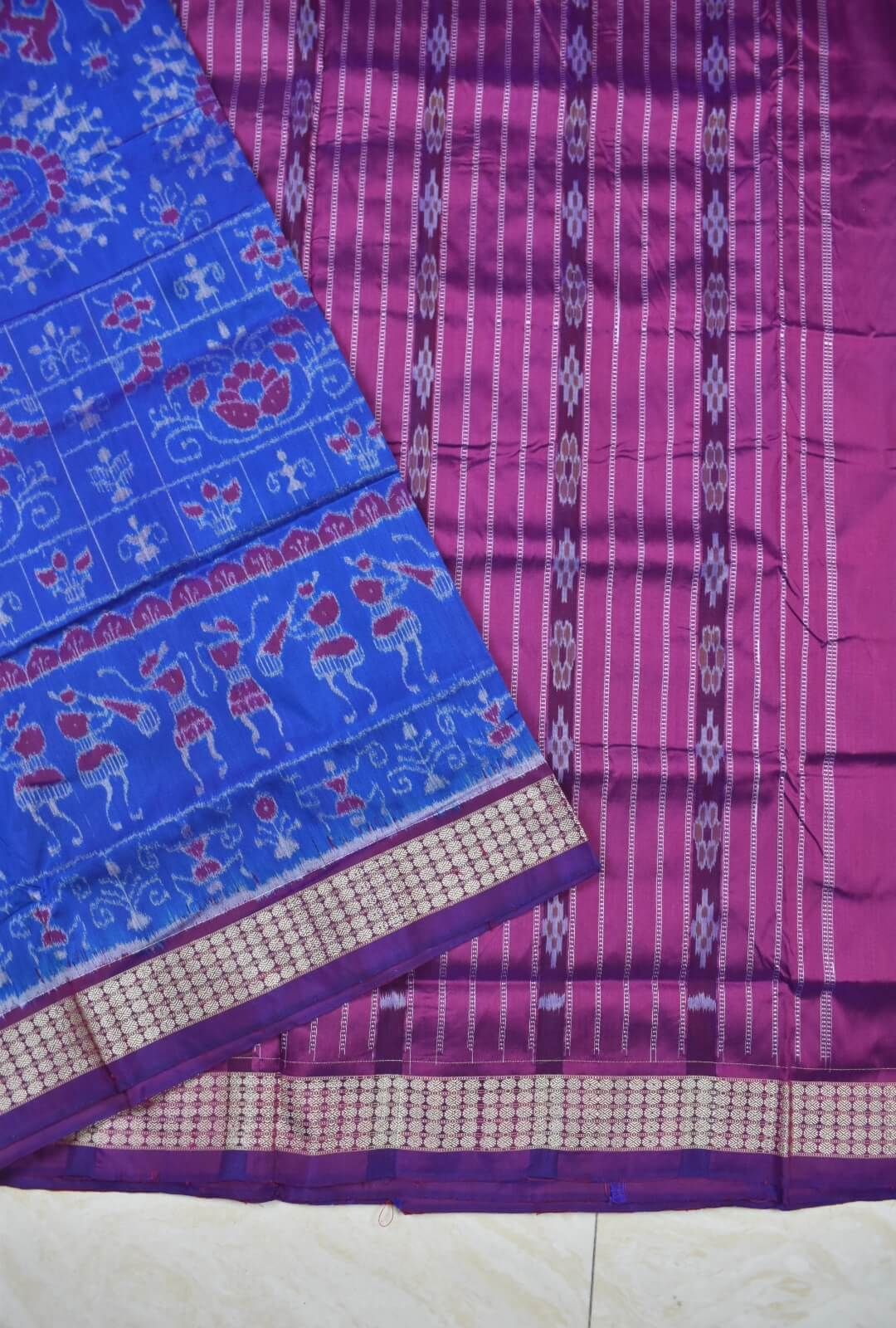 Pink-Blue Colour Patli Design Sambalpuri Handloom Silk Saree - Image 4