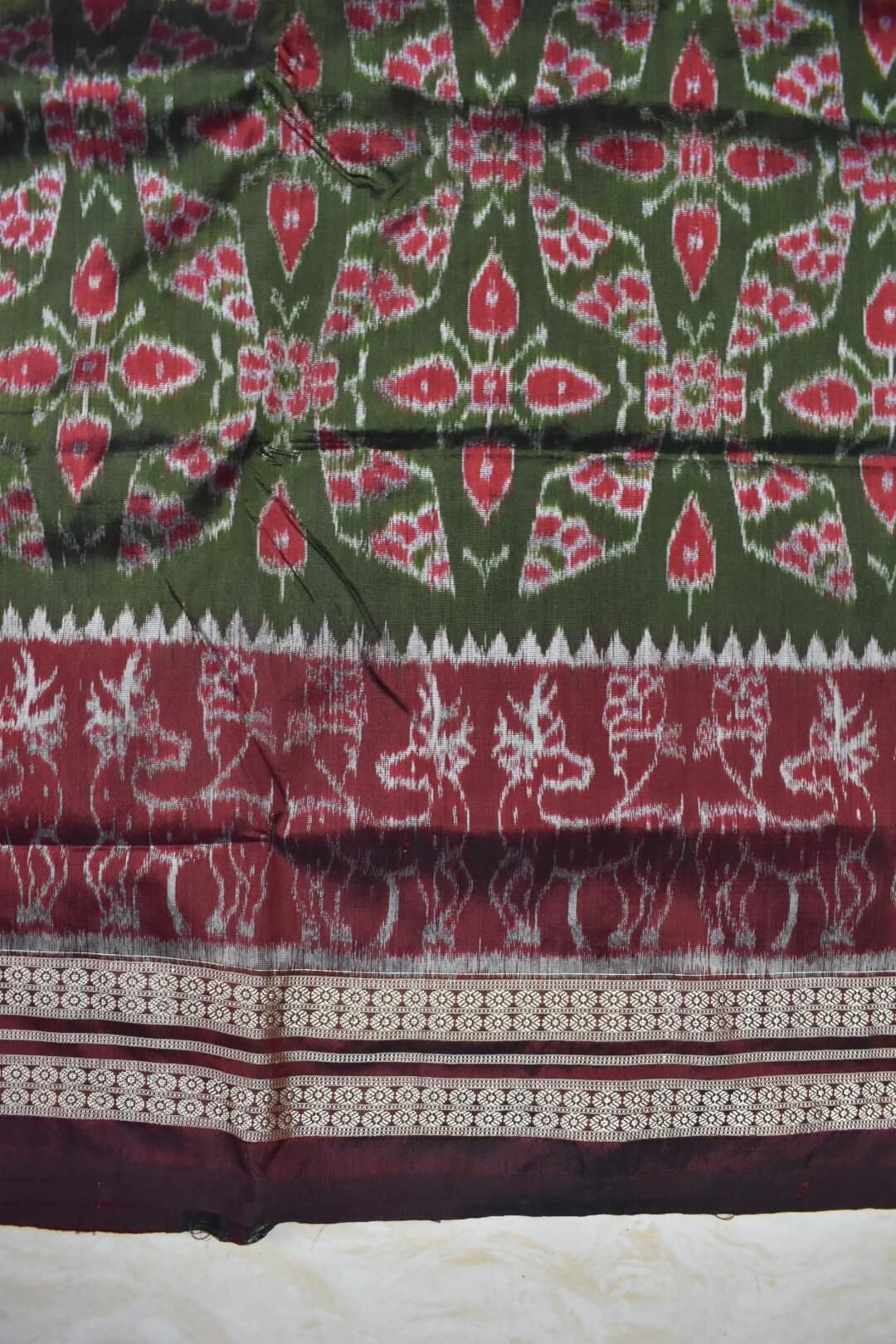 Red-Green Colour Patli Design Sambalpuri Handloom Silk Saree - Image 5