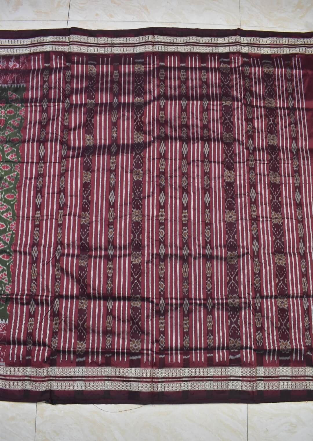 Red-Green Colour Patli Design Sambalpuri Handloom Silk Saree - Image 3
