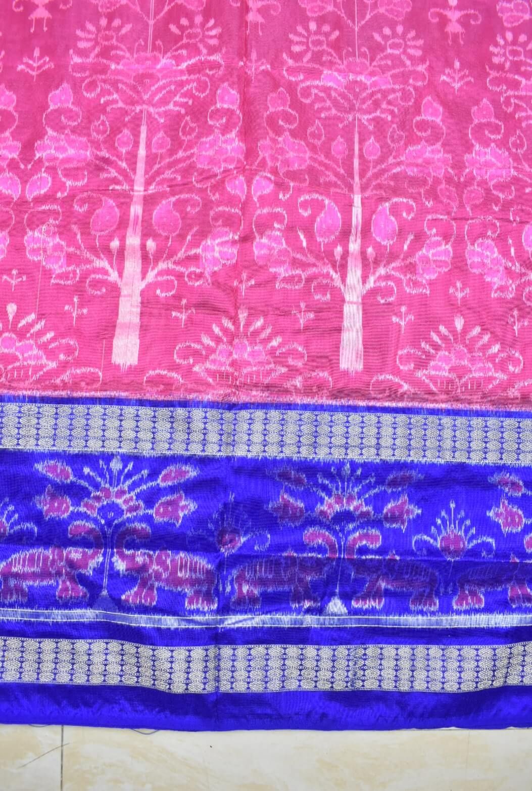Pink-Blue Colour Double Border Sambalpuri Handloom Bandha Silk Saree - Image 4