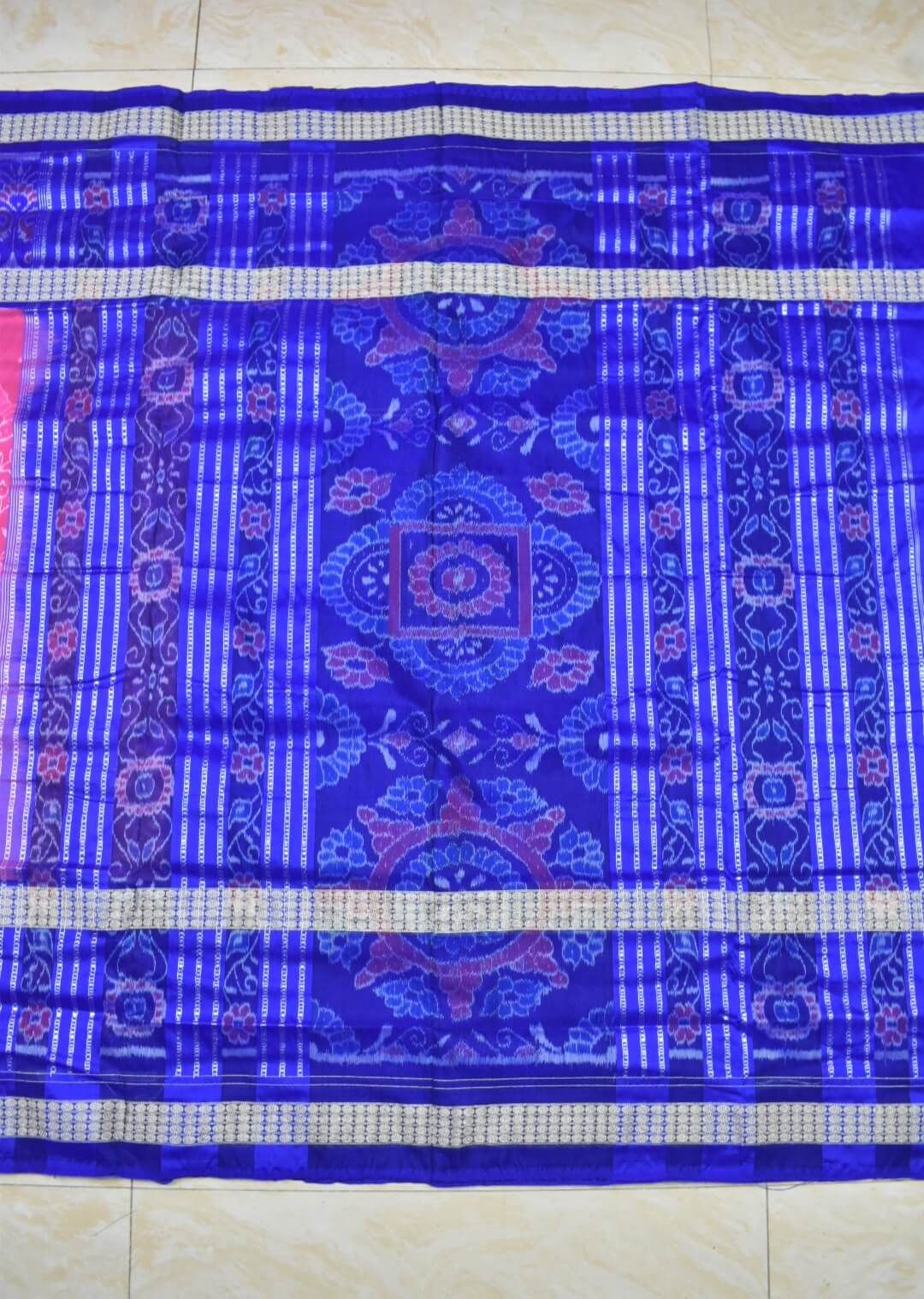 Pink-Blue Colour Double Border Sambalpuri Handloom Bandha Silk Saree - Image 2