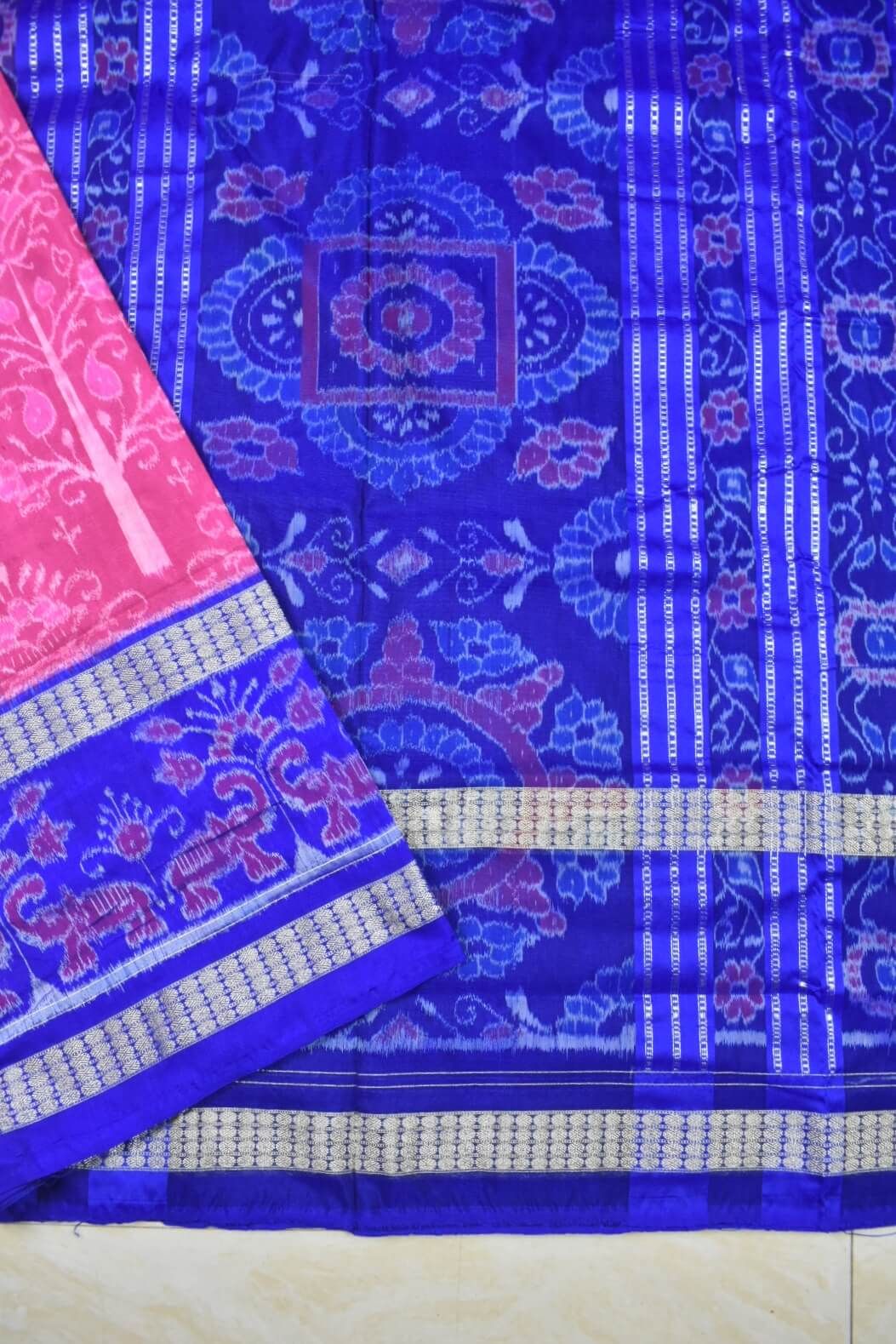 Pink-Blue Colour Double Border Sambalpuri Handloom Bandha Silk Saree - Image 3