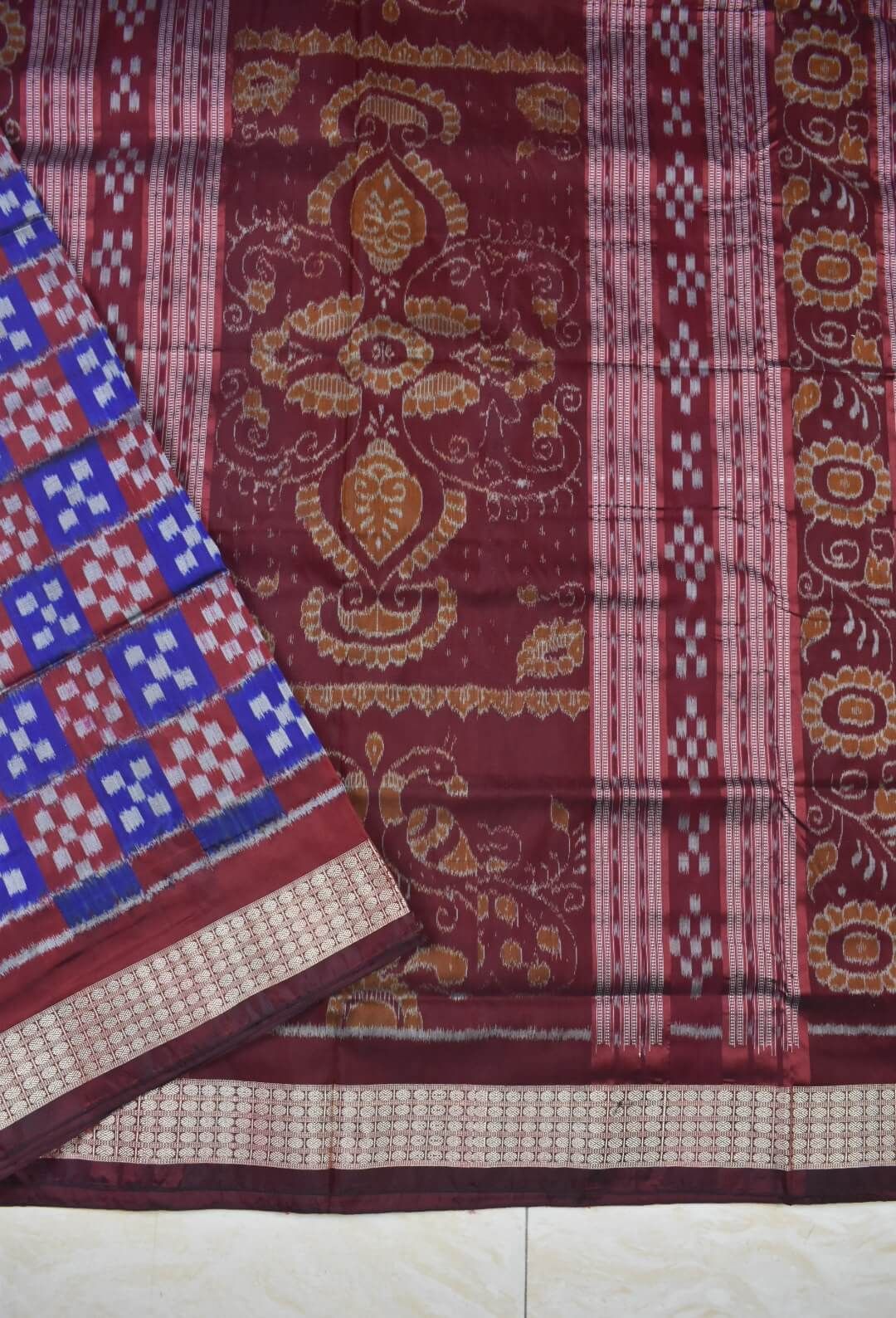 Red-Blue Colour Pasapali Design Patli Design Sambalpuri Handloom Silk Saree - Image 4