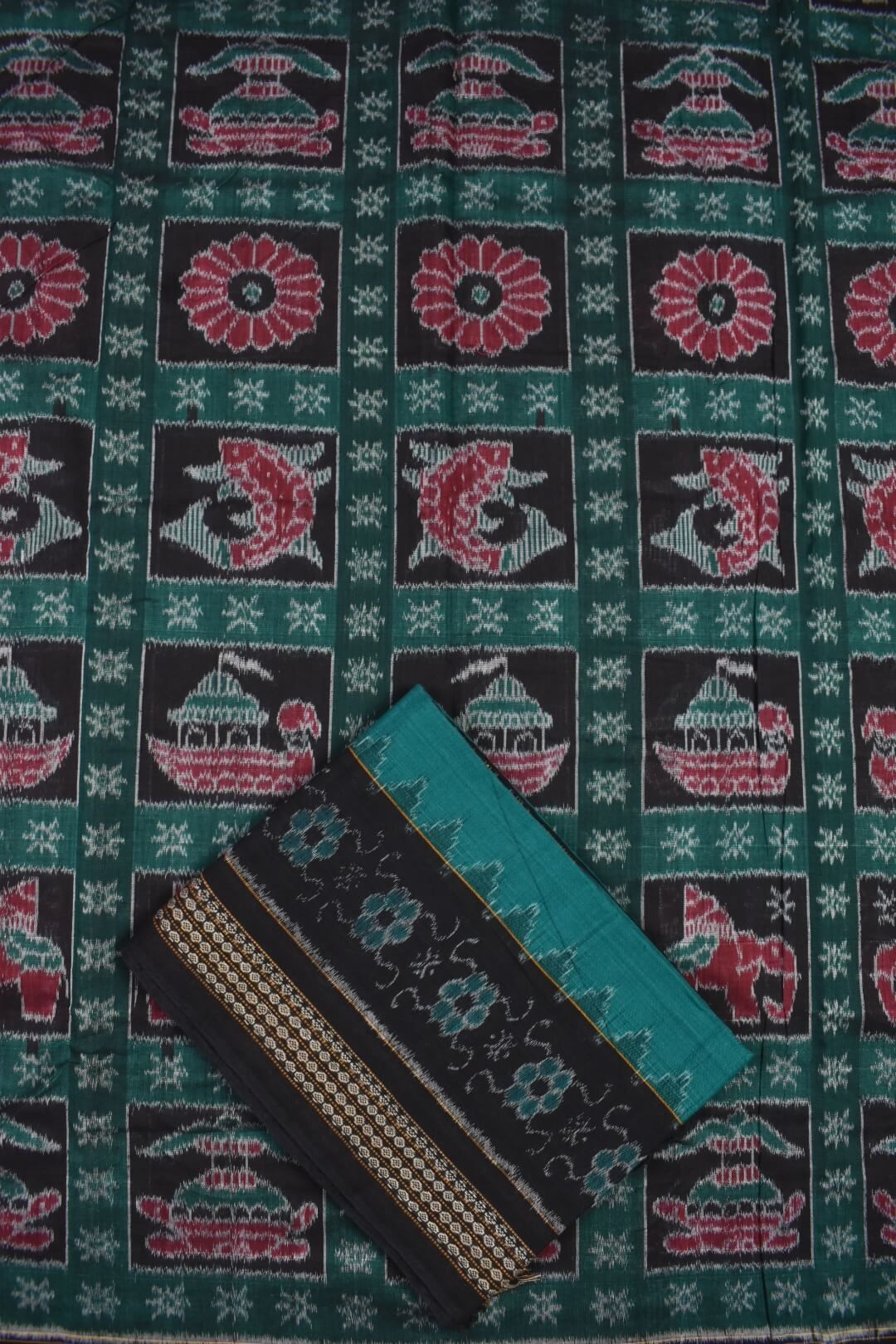 Green Colour Sambalpuri Handloom Cotton Dress Material - Image 3