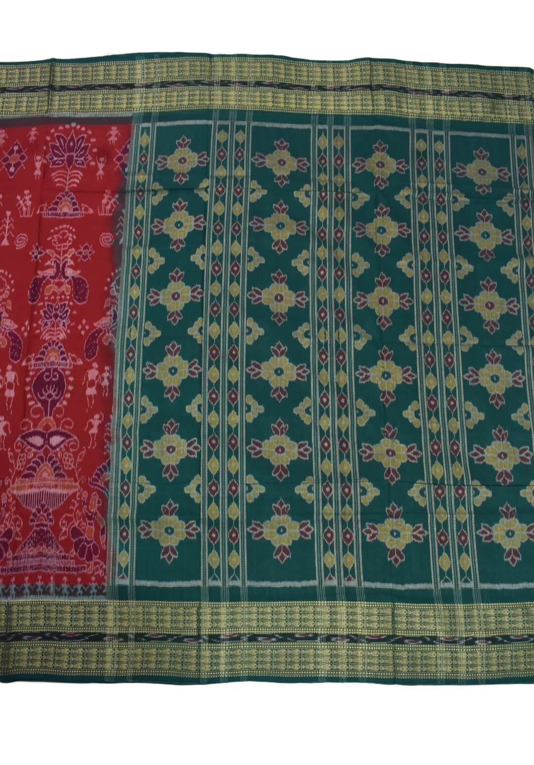 Red Colour Sambalpuri Handloom Cotton Bandha Saree - Image 2