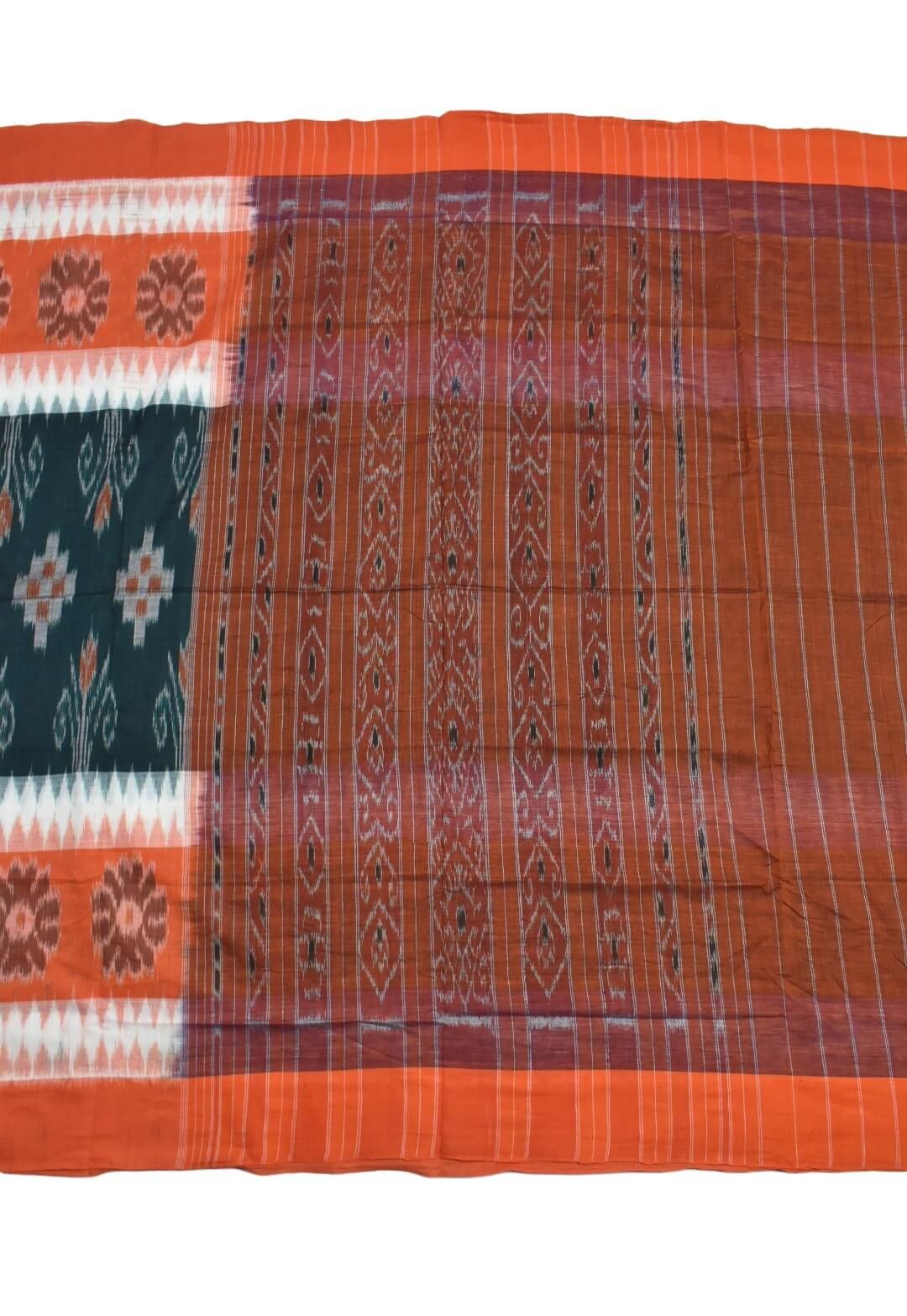 Orange-Green Colour Sambalpuri Handloom Cotton Saree - Image 2