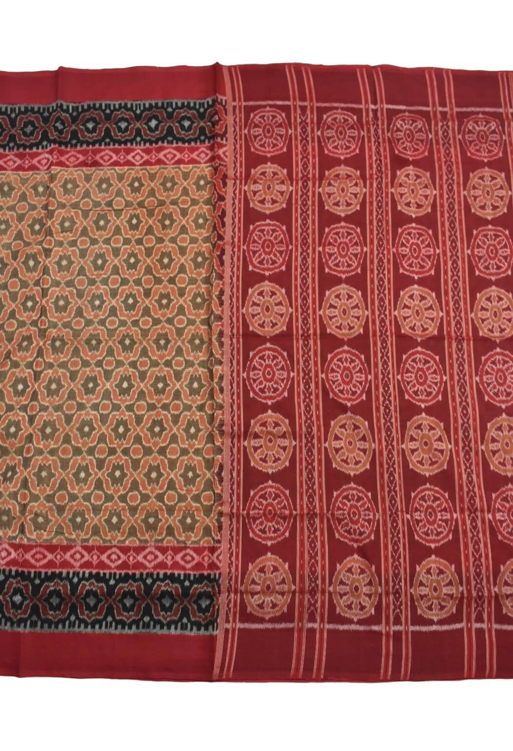 Biscuit Colour Plane Border Sambalpuri Handloom Cotton Saree - Image 2